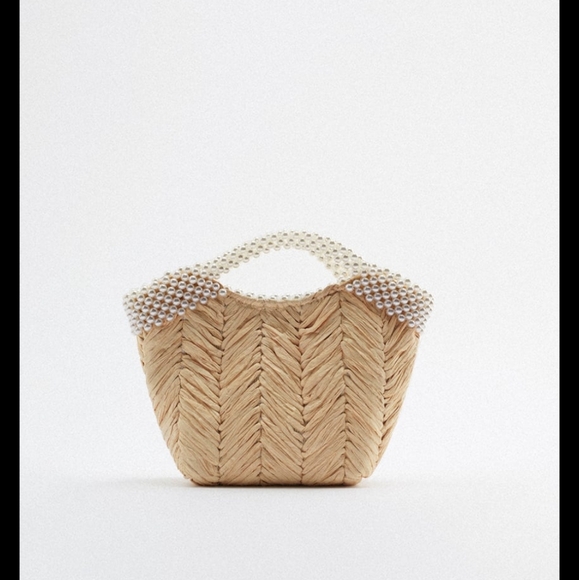 Zara beaded pearl straw rattan woven handbag crossbody top handle - Picture 2 of 3